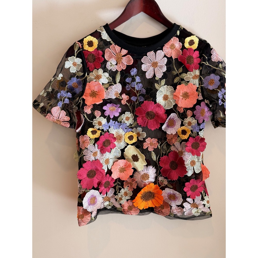 Endless Rose Floral Embroidered Mesh Top Black Sheer Short Sleeve